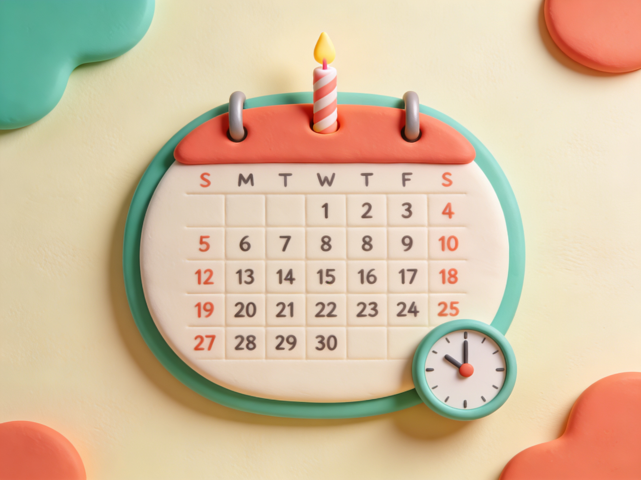 3D-illustrasjon av en bursdagskalender med lys og en klokke – alderskalkulator