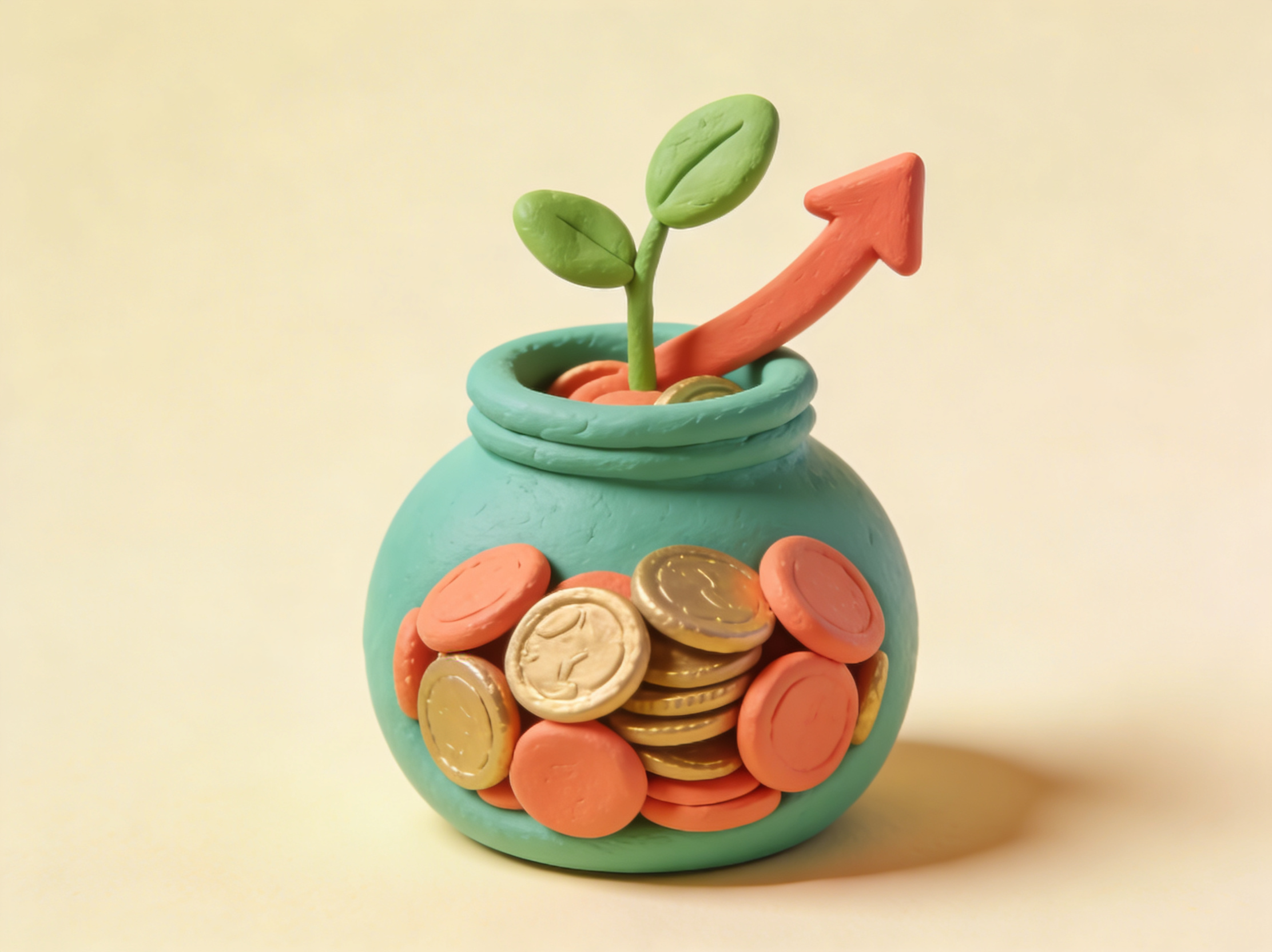 3D-illustrasjon av en voksende plante i en pengekrukke med mynter – fond- og sparekalkulator