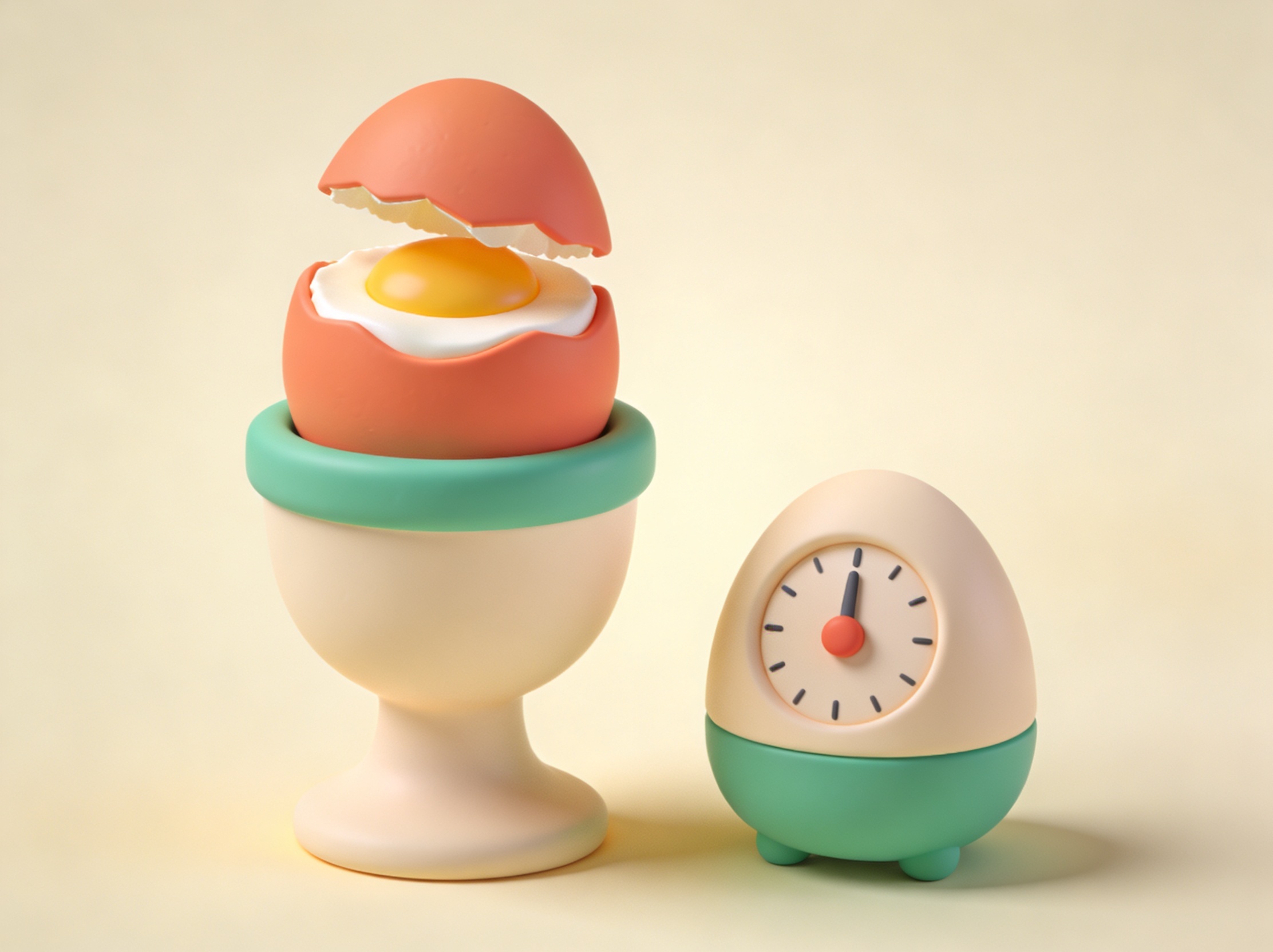 3D-illustrasjon av et kokt egg i eggeglass og en eggeklokke – koketid-kalkulator